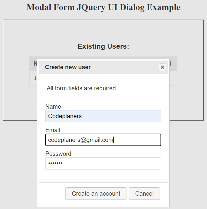 Modal Form JQuery UI Dialog Example